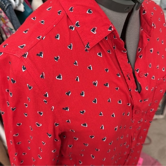 Beachlunchlounge Blue White Heart Button Down Red Blouse Size Small - Picture 2 of 9